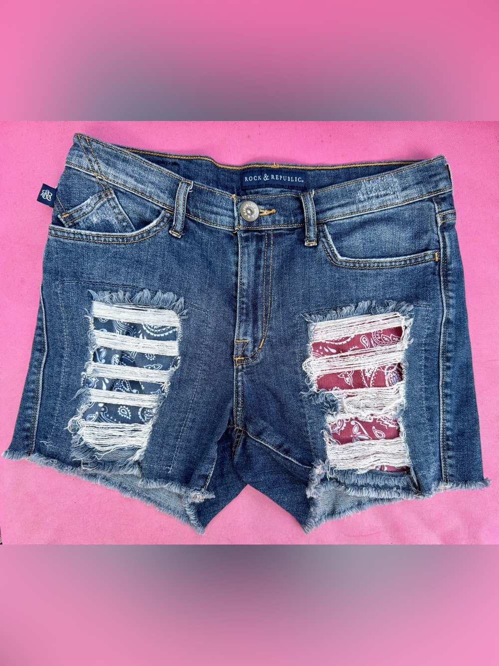 Rock & Republic Blue Denim Shorts with Red & Blue Bandana Insets, Sz.10